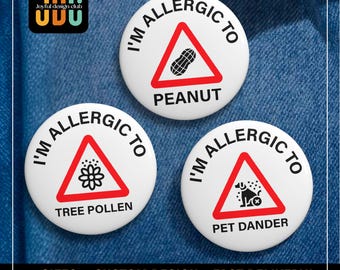 Insignia de alerta de alergia: Soy alérgico a alimentos, mascotas y polen. Botones de seguridad médica. Regalo.