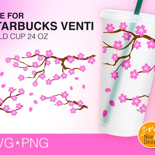 Japanese Cherry Blossom No Hole Design Cold Cup Svg Sweet Pink Sakura Decal DIY Full Wrap for Venti Cold Cup 24 Oz Cricut Cut File SVG PNG