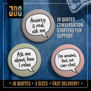 18 Anxiety Conversation Starters Pin, Hidden Disability Pin, Anxiety Pin Badge Button, Communication Badge Mental Health Awareness Gift Idea