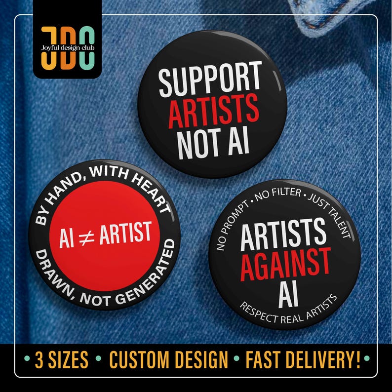 “Support Artists Not AI,” “AI ≠ Artist,” and “Artists Against AI.” Ideal for art events, exhibitions, and social awareness against AI-generated art, promoting ethical creativity and real human talent.