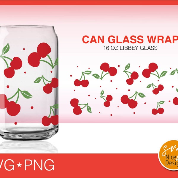 Red Cherry Can Glass Wrap Svg, Cute Cherry Fruit & Green Leaf Decal Gift Idea Seamless Full Wrap Libbey Can Glass 16 oz Cricut File SVG PNG