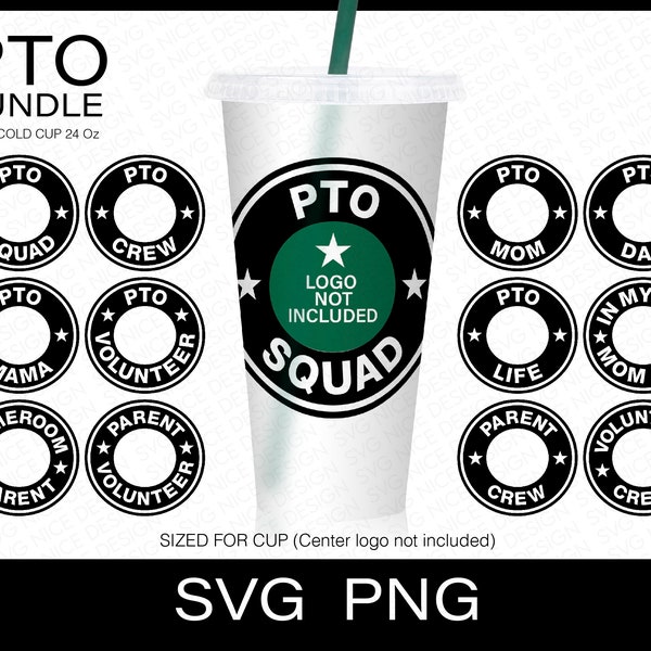 12 PTO Ring Bundle Svg Files For Cup, PTO Mom Squad Crew Team Volunteer Circle Logo Border Wrap Venti Cold Cup 24 Oz Cricut File Svg & Png