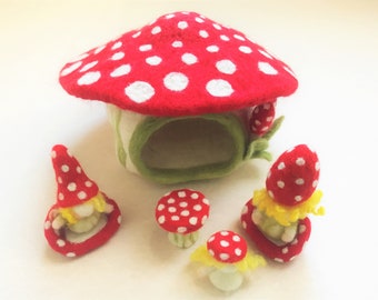 Felted Red Mushroom house for Pretend play with 3D Play mat