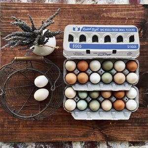 May include: A rustic still life featuring two cartons of fresh eggs, a wire basket with eggs, and a small white vase with dried lavender. The egg cartons are labeled "Raised Right" and contain a variety of egg colors. The arrangement is set on a wooden surface.