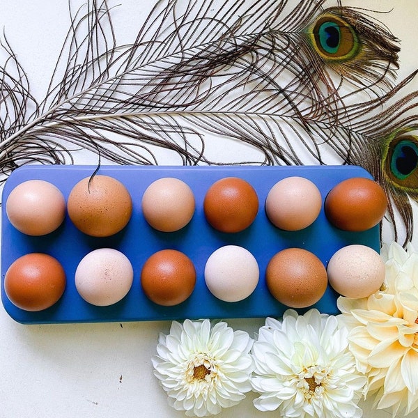 Henlay Decorative Blue Egg Storage Tray- Wooden Egg Holder for Refrigerator, Kitchen Counter, Serving, or Display.
