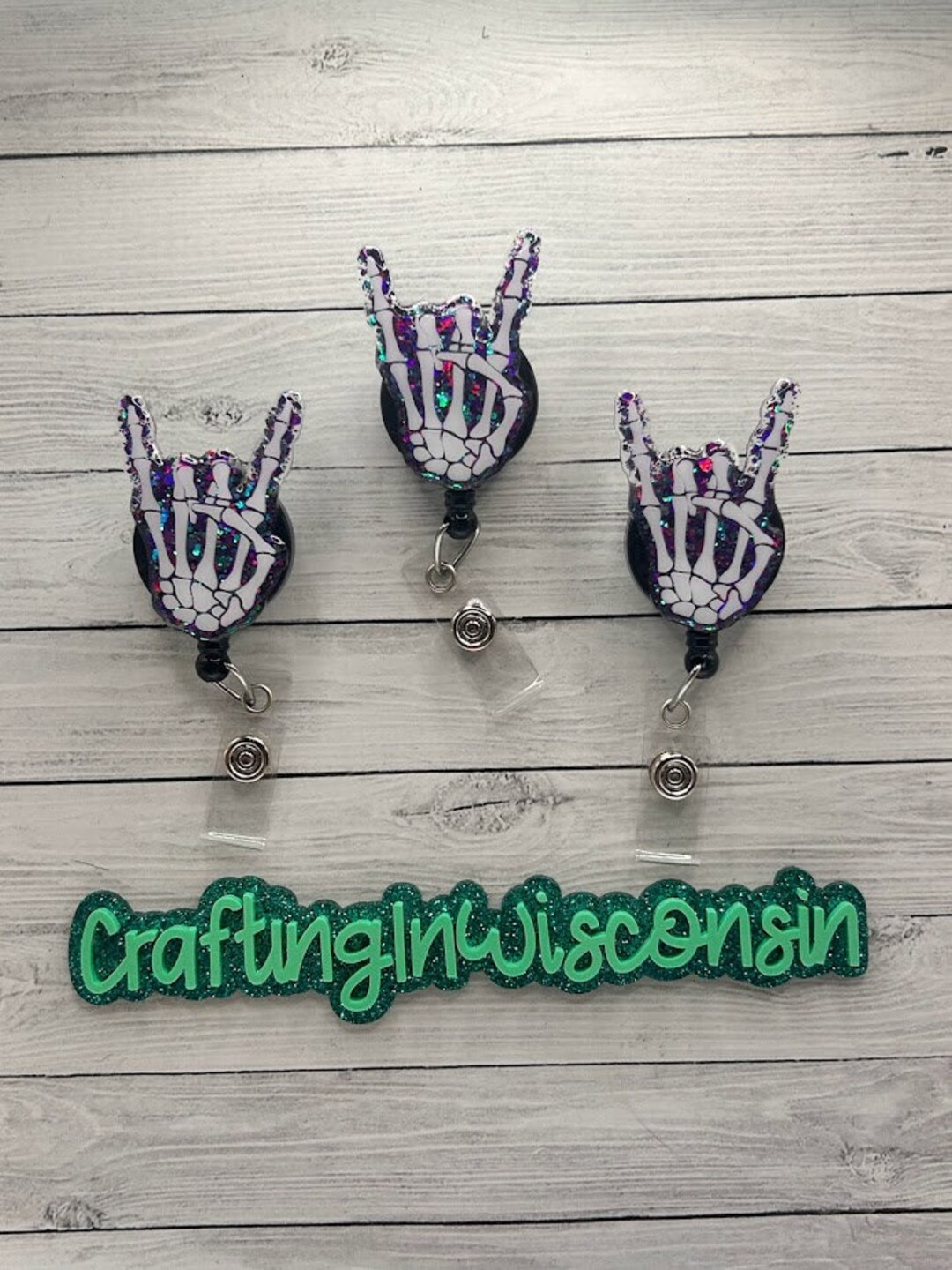 Skeleton Rock Hands Retractable Badge Reel, Color Shifting Glitter Id
