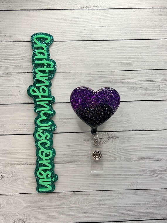Purple and Black Ombre Heart Badge Reel, Glitter Ombre Retractable ID Card Holder, Cute Heart Badge Holder, Colorful Gift for Coworker
