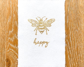 Gold Bee Happy Lino Print | bee print | bee happy wall art | linocut print | happiness quote print | positive affirmation wall art