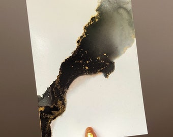 Original Black Gold Alcohol Ink Painting, Minimalist Abstract Art, 5x7 Wall Art - Whisper