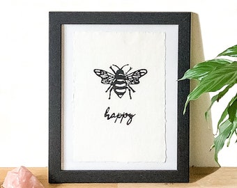 Black Bee Happy Lino Print | bee print | bee happy wall art | linocut print | happiness quote print | positive affirmation wall art