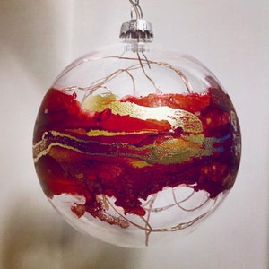 The Big Red And Gold One - Glass Bauble with Alcohol Ink & Copper Lights