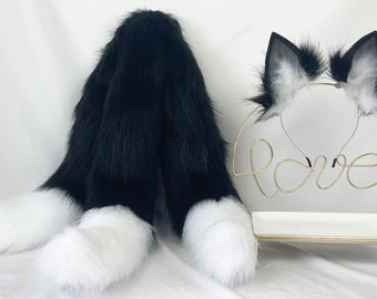 3 tail fox tail and ears black and white fox tail and ear set wolf tail anime cosplay cat ears and tail set dog set lolita