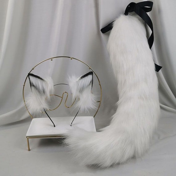 Cat Ears and Tail White Kitten Halloween Costume White Wolf CostumeWhite and Pink Fur Ears and Tail White Kitten Costume
