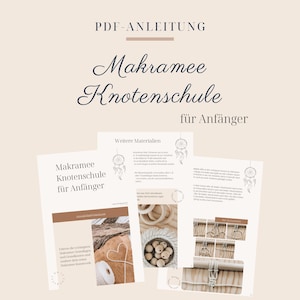 Może przedstawiać: Cyfrowy plik do pobrania ze szkołą węzłów makramowych dla początkujących. Przewodnik PDF zawiera instrukcje dotyczące nauki najważniejszych węzłów i technik makramowych. Okładka przedstawia jasnobrązowe tło z czarno-białą ilustracją łapacza snów.