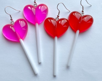 Heart lollipop earrings, maximalist style, novelty dangly earrings, cute funky earrings, y2k, kidcore,