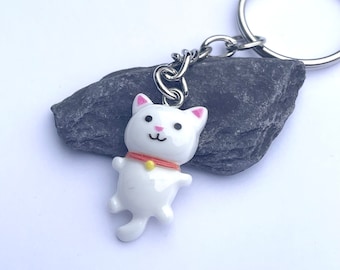 Cat keyring, kawaii keychain, cat lover’s gift, kawaii cat gifts, white cat gift,animal key fob, small keychain