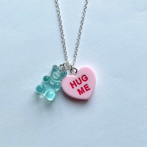 Gummy bear and love heart necklace, candy necklace, kawaii necklace, cute gift for her