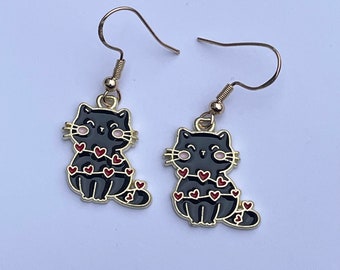 Boucles d'oreilles chat fantaisie, boucles d'oreilles chat noir, jolies boucles d'oreilles pendantes, cadeau pour amoureux des chats, cadeau pour propriétaire de chat