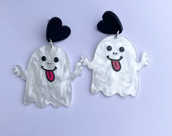 Cute Ghost Earrings, Black Heart Studs, Halloween Costume