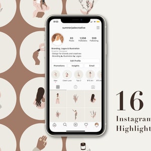 May include: A set of 16 Instagram story highlight icons featuring illustrations of flowers, leaves, and a woman. The icons are in a minimalist style with a brown and pink color scheme. The text "16 Instagram Story Highlight Icons" is displayed below the icons.