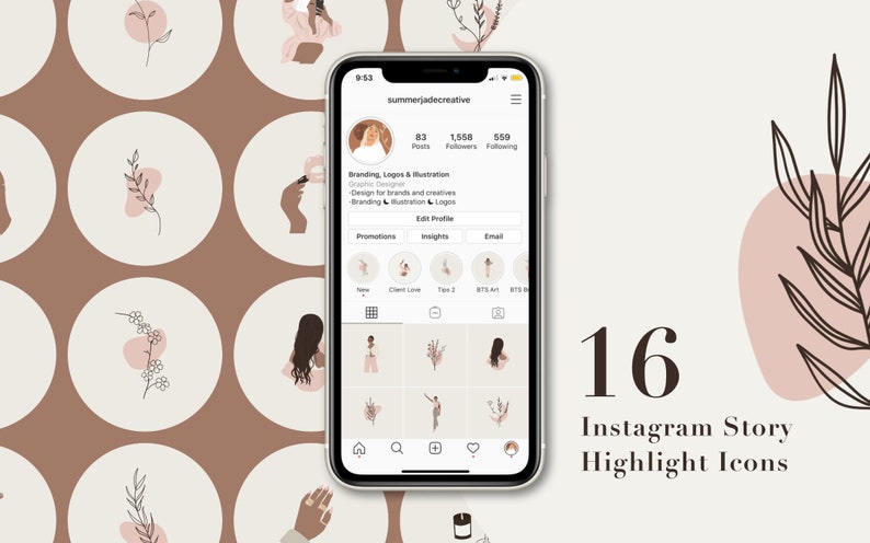 May include: A set of 16 Instagram story highlight icons featuring illustrations of flowers, leaves, and a woman. The icons are in a minimalist style with a brown and pink color scheme. The text "16 Instagram Story Highlight Icons" is displayed below the icons.