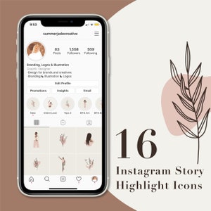 May include: A phone screen displaying a social media profile with 16 Instagram story highlight icons. The icons are in a grid of four rows and four columns. Each icon features a different illustration, including a person, flowers, and a leaf. The profile name is "summerjadecreative" and the profile description is "Branding, Logos & Illustration. Graphic Designer. Design for brands and creatives. Branding Illustration Logos."