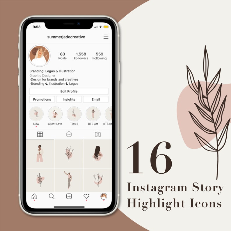 May include: A phone screen displaying a social media profile with 16 Instagram story highlight icons. The icons are in a grid of four rows and four columns. Each icon features a different illustration, including a person, flowers, and a leaf. The profile name is "summerjadecreative" and the profile description is "Branding, Logos & Illustration. Graphic Designer. Design for brands and creatives. Branding Illustration Logos."