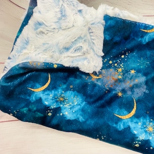 Moon and Stars Baby Blanket, Outer Space Nursery Theme, Moon, Stars, Constellations, Gender Neutral, Blue and Gray, Soft Minky