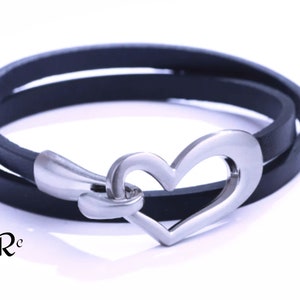 Leather Friendship Bracelet, Men Women Friendship Bracelet, Thoughtful, woman's bracelet gift, leather bracelet, heart bracelet, heart charm Black