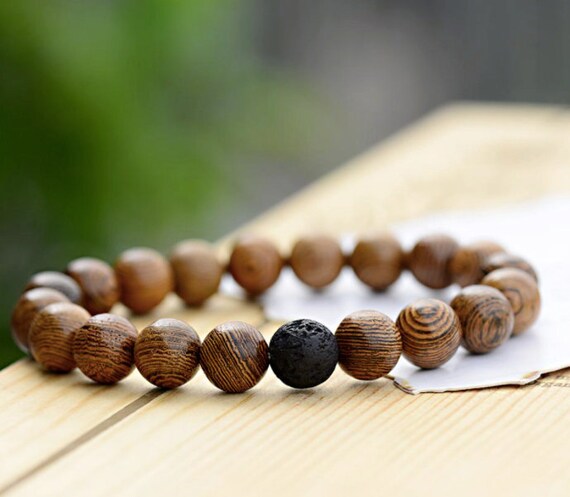 Handmade Beaded Bracelet Lava Stone Charm Handmade Wood Bead