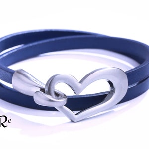 Leather Friendship Bracelet, Men Women Friendship Bracelet, Thoughtful, woman's bracelet gift, leather bracelet, heart bracelet, heart charm Blue