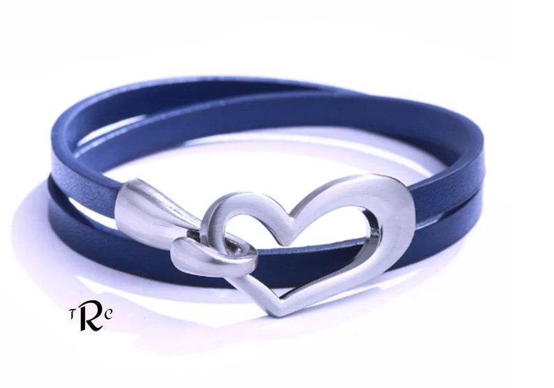 Leather Friendship Bracelet, Men Women Friendship Bracelet, Thoughtful, woman's bracelet gift, leather bracelet, heart bracelet, heart charm Blue