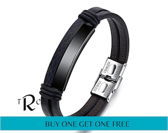 Man Leather Bracelet, Black Double layer Bracelet 316L Black Stainless steel detail Bracelet, Boho Bracelet, January Sale