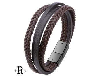 Mans Leather Bracelet, Man Brown Leather Bracelet, men's multi layer leather Bracelet with Magnetic Clasp, Leather braided bracelet