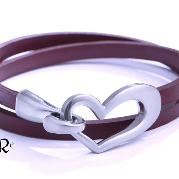 Bracelet en cuir rouge pour femme, bracelet enroulé coeur, bracelet en cuir, tour de cou à fermoir coeur, bracelet en cuir uni minimaliste pour femme