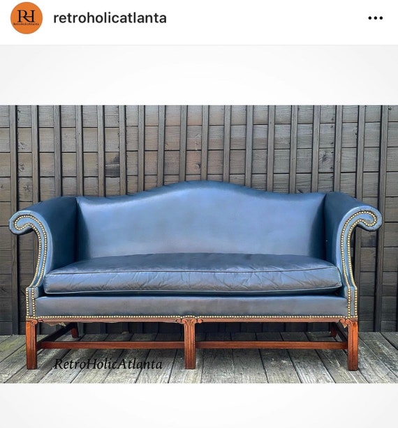 Antique Genuine Leather Settee Navy Chippendale Style Sofa Antique Genuine Leather Settee Navy, Chippendale Leather Sofa