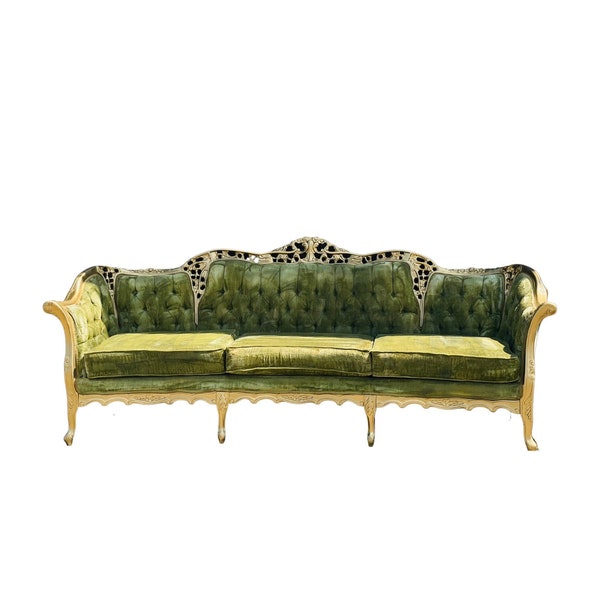 Vintage  French provincial Baroque hand carved sage green gold Antique Victorian velvet chesterfield Sofa Louis xv settee dofa