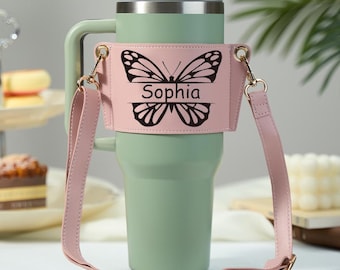 Personalized PU Leather Tumbler Carrier Bag, Custom Name Water Bottle Holder , Custom Name Water Bottle Holder with Strap