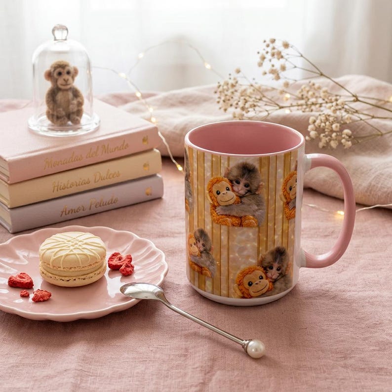 May include: A pink-handled coffee mug with a repeating pattern of hugging monkeys. A small monkey figurine is displayed under a glass cloche. A pink plate holds a white macaron and dried strawberries. Books and a spoon are also present.