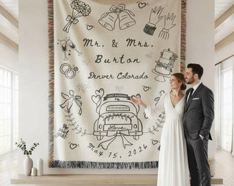 Personalized Wedding Woven Blanket, Custom Couple Gift With Names And Date, Anniversary Just Married Gift Blanket