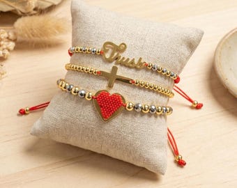 Gold Beaded Christian Bracelet Set – Cross, Heart, & 'Trust' Charm-Christian Bracelet Set-Christian Faith Jewelry