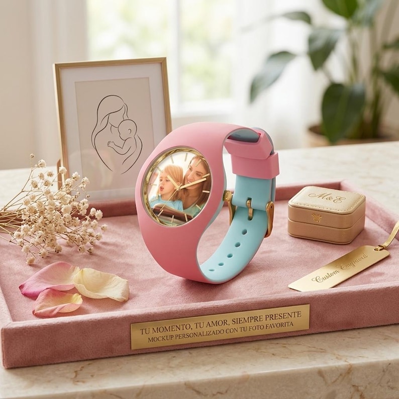May include: A pink and light blue watch with a photo on the face, displayed on a pink tray. The watch has a gold-colored bezel and buckle. A framed drawing of a mother and child, a small jewelry box, and a gold tag are also on the tray.