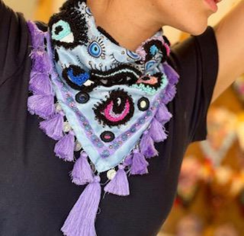 Hand Embroidered Bandana Scarf, Evil Eye Embroidery Shawl, Boho Tassel ...