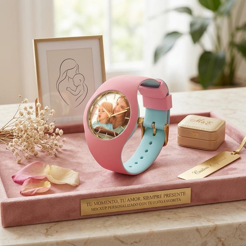 May include: A pink and light blue watch with a photo on the face, displayed on a pink tray. The watch has a gold-colored bezel and buckle. A framed drawing of a mother and child is in the background, along with a small jewelry box.
