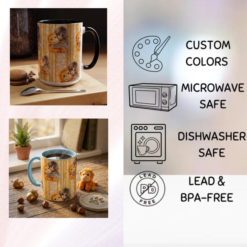 May include: A ceramic mug with a black handle and rim, featuring a repeating pattern of cartoon monkeys on a yellow striped background. The mug is labeled as custom colors, microwave and dishwasher safe, and lead & BPA-free.