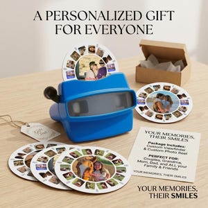 May include: A blue View-Master toy with custom photo reels. The reels display a series of small photos. The text reads: "A Personalized Gift For Everyone" and "Your Memories, Their Smiles."