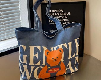 Gentle Woman Tote Bag, Leuke Teddybeer Canvas Shopper, Esthetische Denim Stijl Tote, Herbruikbare Boodschappentas, Cadeau voor Vrouwen, Retro Berentas