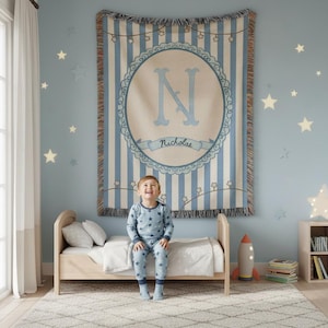 Personalized Baby Boy Blanket , Blue Striped Woven Nursery Throw With Initial, Personalized Toddler Blanket Gift For Boys, Newborn  Blanket