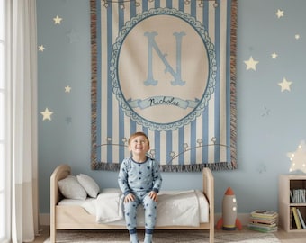 Personalized Baby Boy Blanket , Blue Striped Woven Nursery Throw With Initial, Personalized Toddler Blanket Gift For Boys, Newborn  Blanket