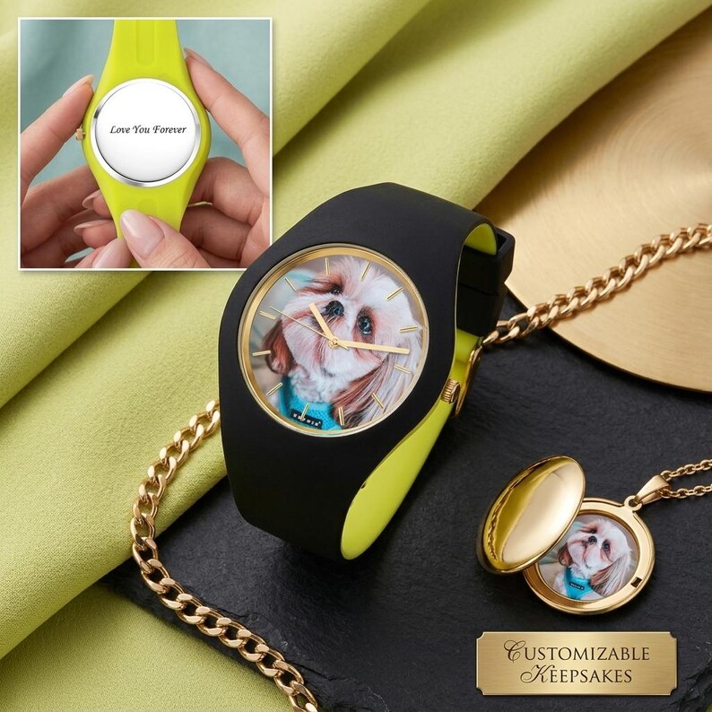 May include: A black and yellow watch with a photo of a dog on the face, and a gold chain necklace with a matching locket. The watch face has gold hands and a gold rim. The locket is open, revealing a photo of the same dog. The watch in the inset says "Love You Forever".